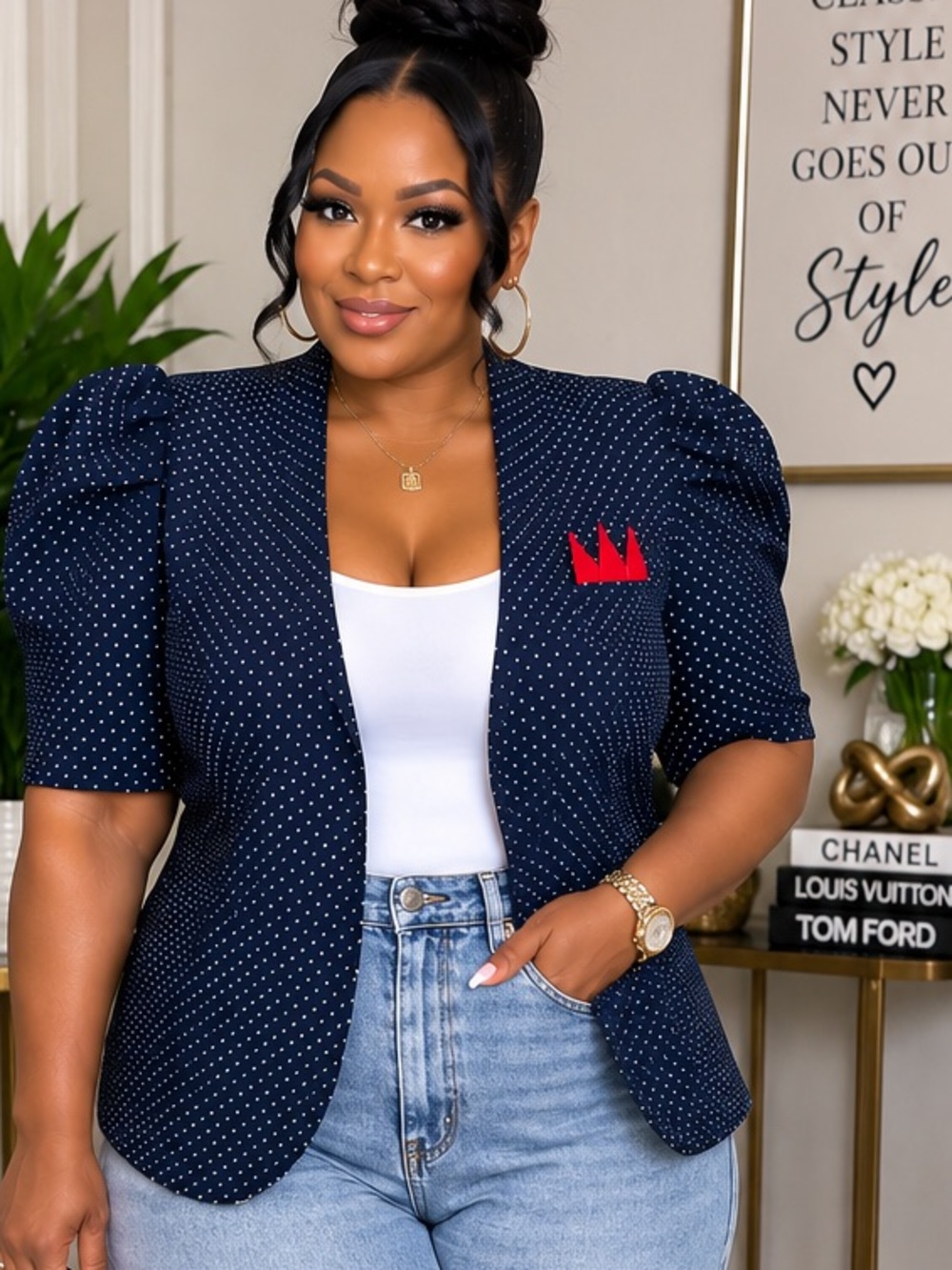 Vintage Navy Polka Dot Puff-Sleeve Blazer